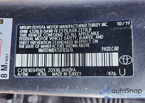 2020 Toyota C-Hr Le z USA, uszkodzony, nr VIN NMTKHMBX7LR103676